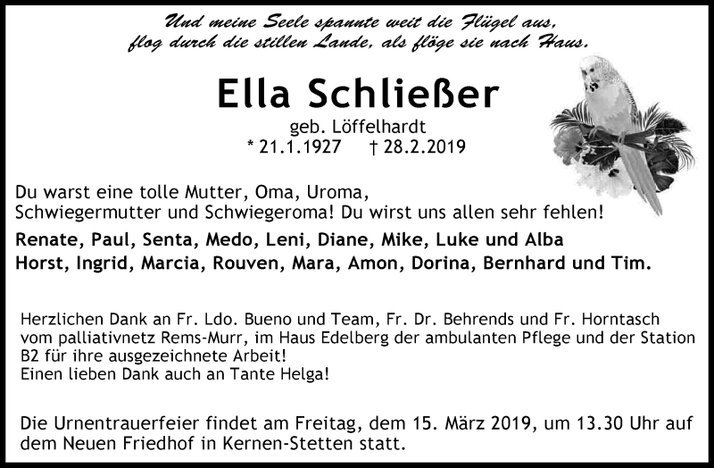  Traueranzeige für Ella Schließer vom 09.03.2019 aus Waiblinger Kreiszeitung