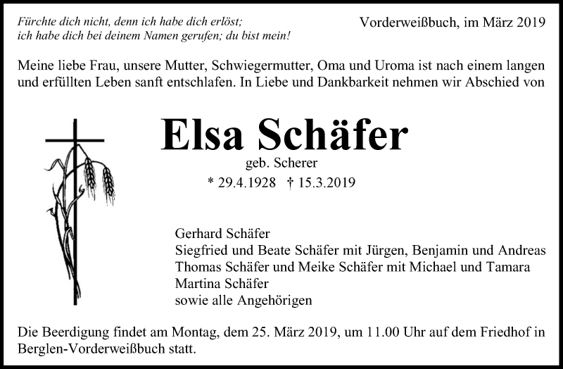 Traueranzeige für Elsa Schäfer vom 20.03.2019 aus Waiblinger Kreiszeitung