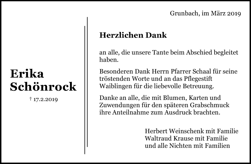  Traueranzeige für Erika Schönrock vom 08.03.2019 aus Waiblinger Kreiszeitung