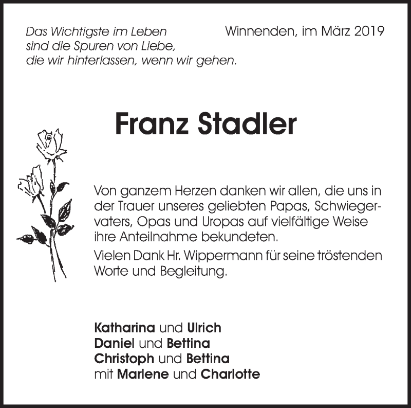  Traueranzeige für Franz Stadler vom 16.03.2019 aus Waiblinger Kreiszeitung