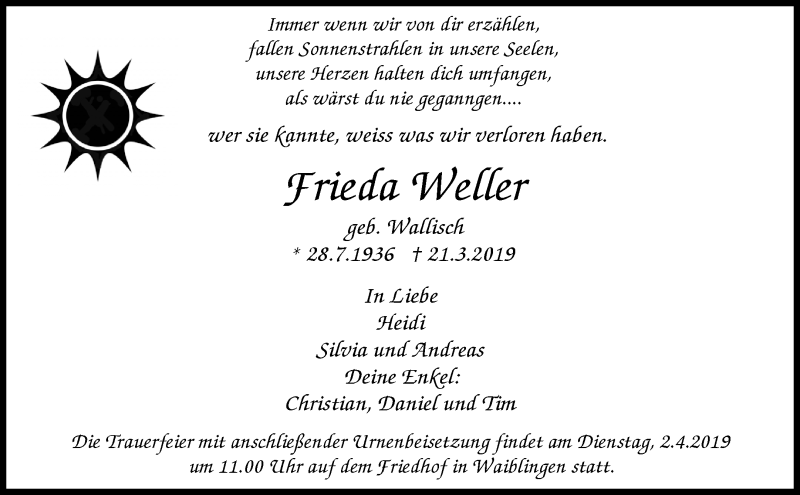  Traueranzeige für Frieda Weller vom 29.03.2019 aus Waiblinger Kreiszeitung