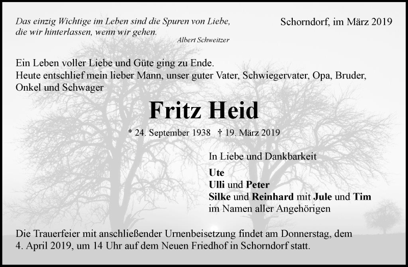  Traueranzeige für Fritz Heid vom 28.03.2019 aus Waiblinger Kreiszeitung