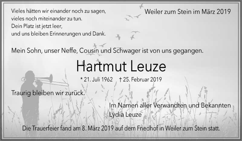  Traueranzeige für Hartmut Leuze vom 09.03.2019 aus Waiblinger Kreiszeitung