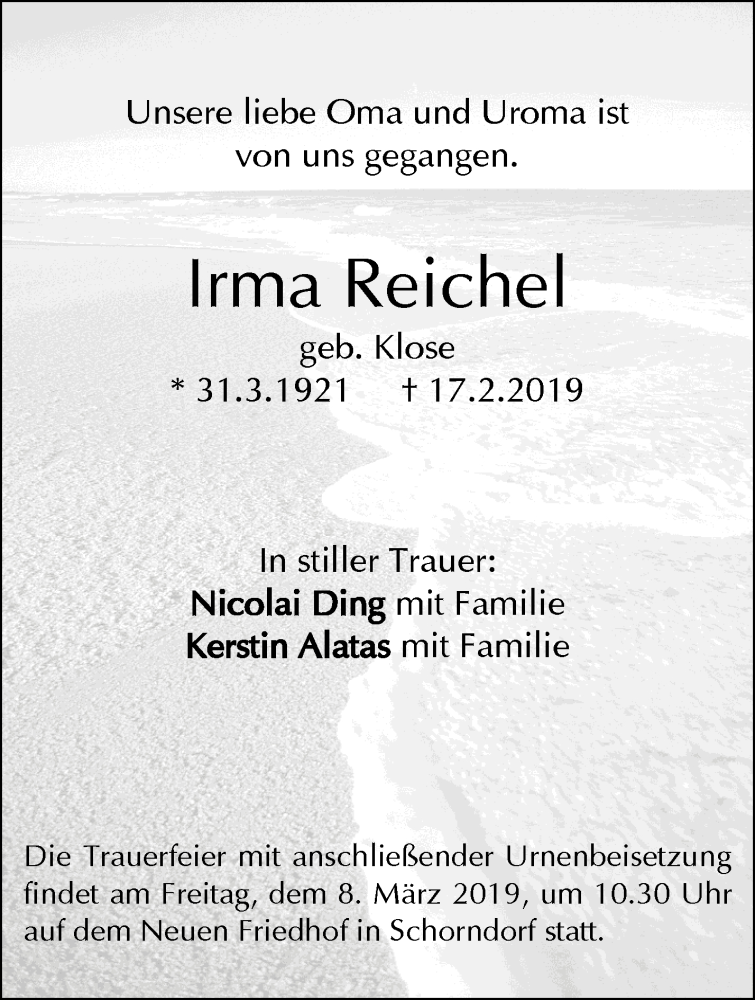  Traueranzeige für Irma Reiche vom 05.03.2019 aus Waiblinger Kreiszeitung