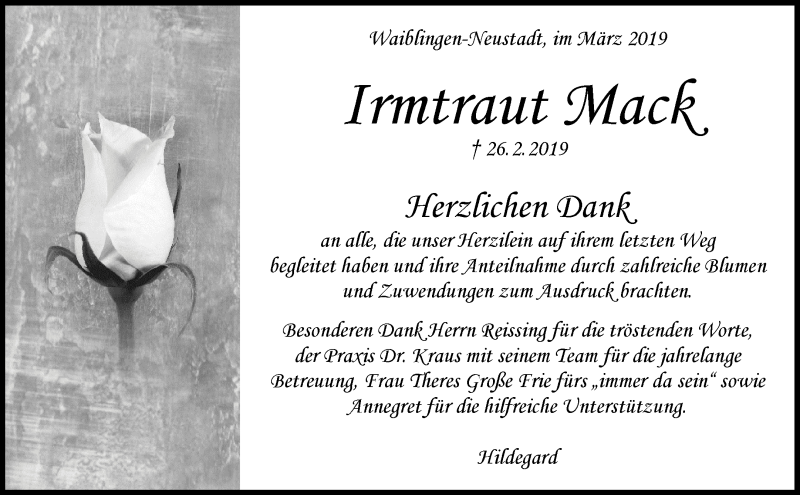  Traueranzeige für Irmtraut Mack vom 30.03.2019 aus Waiblinger Kreiszeitung