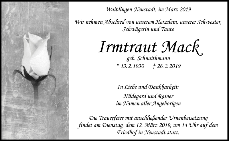  Traueranzeige für Irmtraut Mack vom 06.03.2019 aus Waiblinger Kreiszeitung
