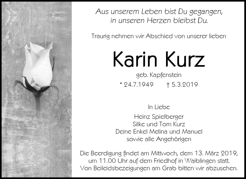  Traueranzeige für Karin Kurz vom 09.03.2019 aus Waiblinger Kreiszeitung