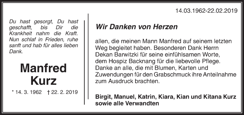  Traueranzeige für Manfred Kurz vom 12.03.2019 aus Waiblinger Kreiszeitung
