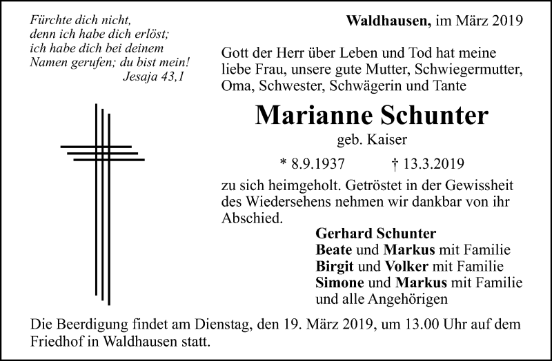  Traueranzeige für Marianne Schunter vom 15.03.2019 aus Waiblinger Kreiszeitung