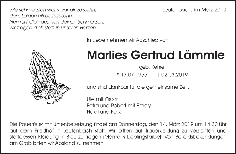  Traueranzeige für Marlies Gertrud Lämmle vom 09.03.2019 aus Waiblinger Kreiszeitung