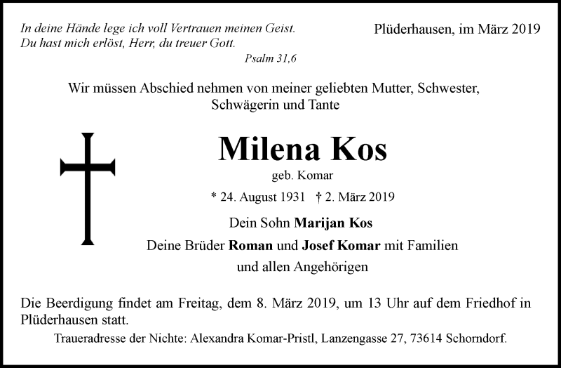  Traueranzeige für Milena Kos vom 06.03.2019 aus Waiblinger Kreiszeitung