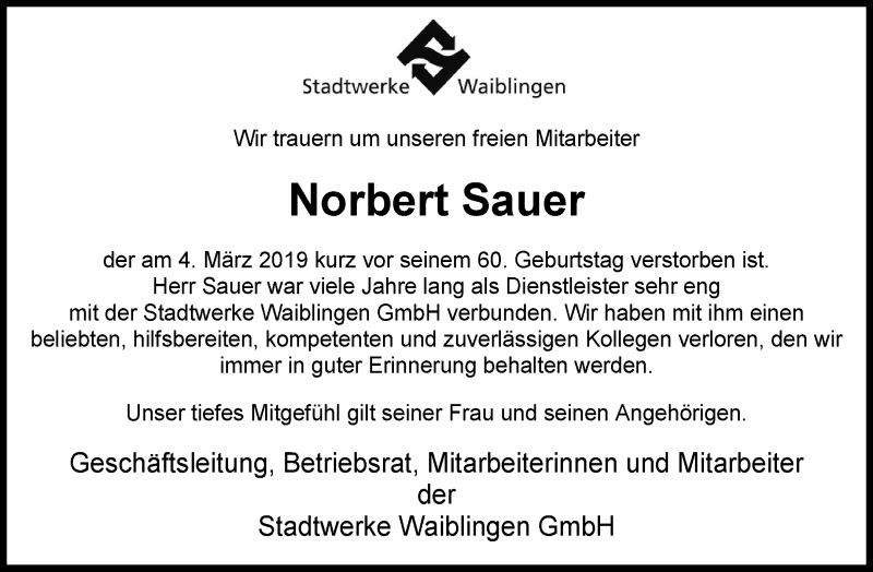  Traueranzeige für Norbert Sauer vom 08.03.2019 aus Waiblinger Kreiszeitung