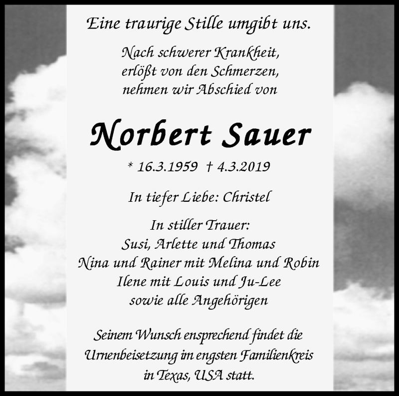  Traueranzeige für Norbert Sauer vom 09.03.2019 aus Waiblinger Kreiszeitung