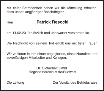 Traueranzeige von Patrick Resocki von Waiblinger Kreiszeitung