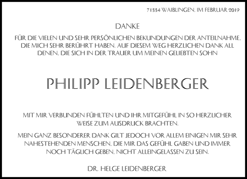  Traueranzeige für Philipp Leidenberger vom 02.03.2019 aus Waiblinger Kreiszeitung
