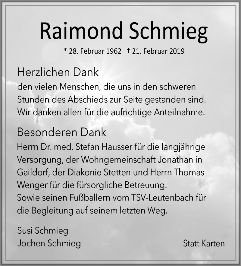  Traueranzeige für Raimond Schmieg vom 25.03.2019 aus Waiblinger Kreiszeitung