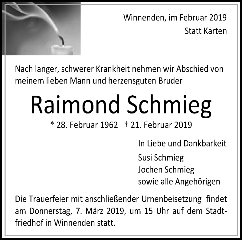  Traueranzeige für Raimond Schmieg vom 05.03.2019 aus Waiblinger Kreiszeitung