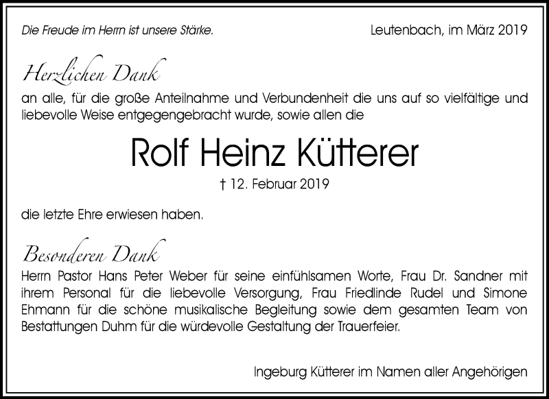  Traueranzeige für Rolf Heinz Kütterer vom 02.03.2019 aus Waiblinger Kreiszeitung