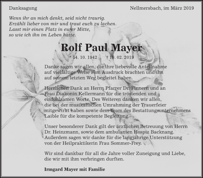 Traueranzeige für Rolf Paul Mayer vom 23.03.2019 aus Waiblinger Kreiszeitung