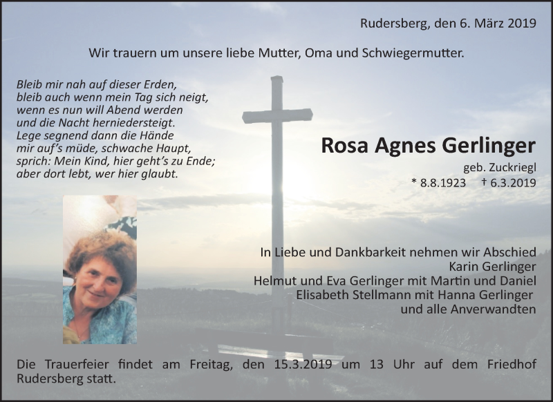  Traueranzeige für Rosa Agnes Gerlinger vom 13.03.2019 aus Waiblinger Kreiszeitung