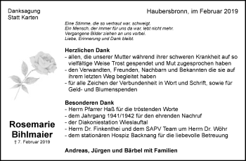 Traueranzeige von Rosemarie Bihlmaier von Waiblinger Kreiszeitung