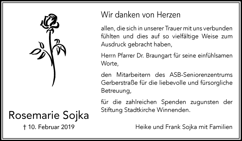  Traueranzeige für Rosemarie Sojka vom 08.03.2019 aus Waiblinger Kreiszeitung