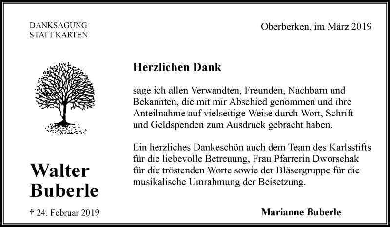  Traueranzeige für Walter Buberle vom 20.03.2019 aus Waiblinger Kreiszeitung