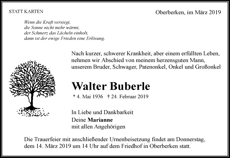  Traueranzeige für Walter Buberle vom 09.03.2019 aus Waiblinger Kreiszeitung