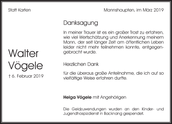 Traueranzeige von Walter Vögele von Waiblinger Kreiszeitung