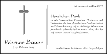 Traueranzeige von Werner Bauer von Waiblinger Kreiszeitung