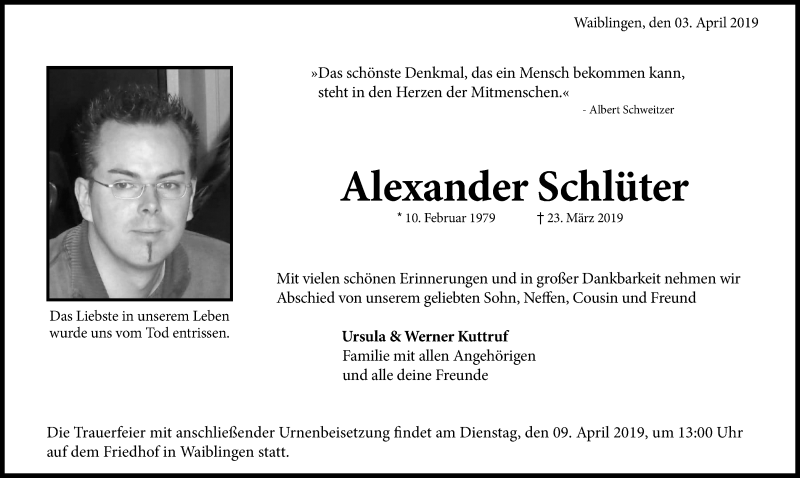  Traueranzeige für Alexander Schlüter vom 03.04.2019 aus Waiblinger Kreiszeitung