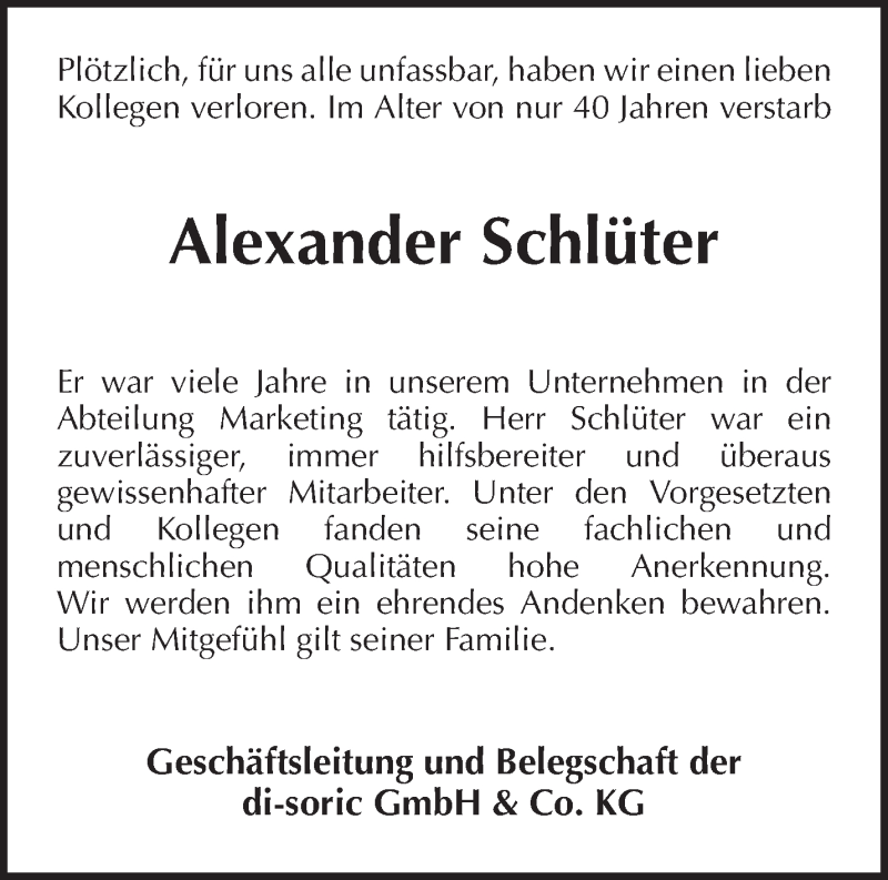  Traueranzeige für Alexander Schlüter vom 03.04.2019 aus Waiblinger Kreiszeitung