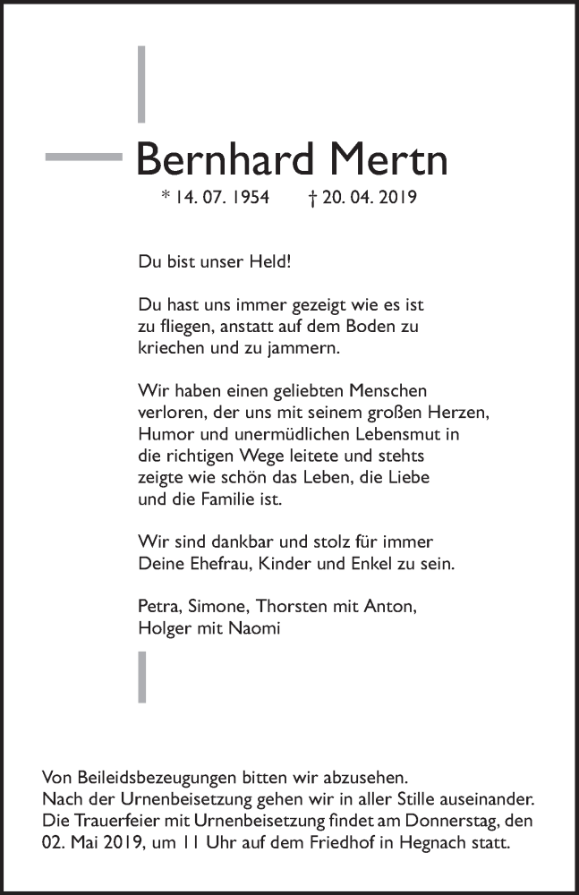  Traueranzeige für Bernhard Mertn vom 27.04.2019 aus Waiblinger Kreiszeitung