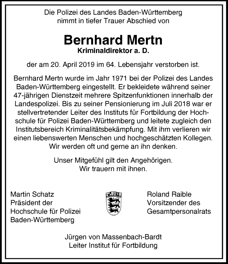 Traueranzeige für Bernhard Mertn vom 30.04.2019 aus Waiblinger Kreiszeitung
