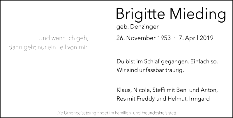  Traueranzeige für Brigitte Mieding vom 11.04.2019 aus Waiblinger Kreiszeitung