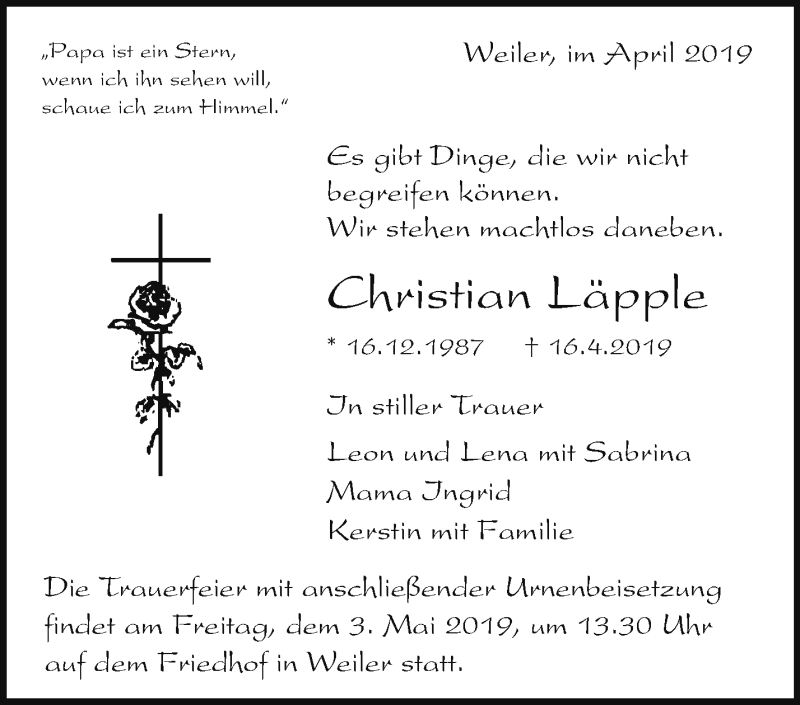  Traueranzeige für Christian Läpple vom 27.04.2019 aus Waiblinger Kreiszeitung