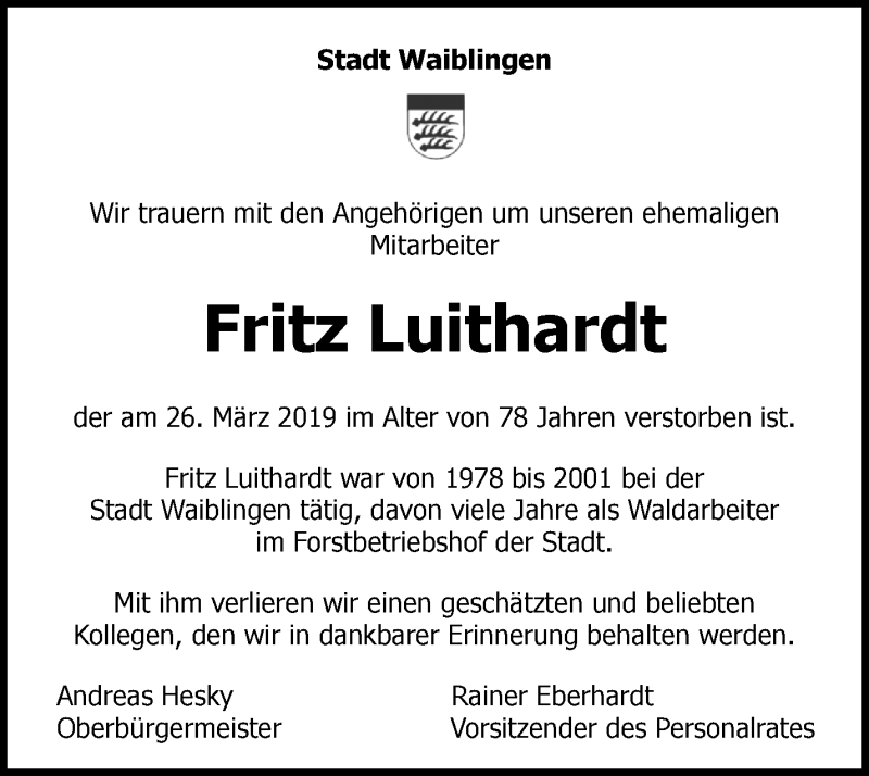  Traueranzeige für Fritz Luithardt vom 02.04.2019 aus Waiblinger Kreiszeitung