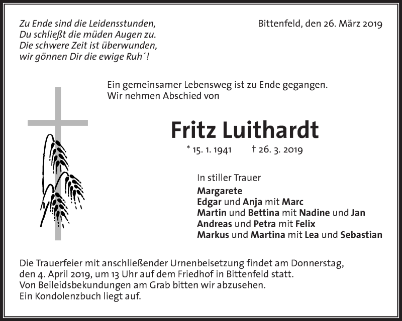  Traueranzeige für Fritz Luithardt vom 01.04.2019 aus Waiblinger Kreiszeitung