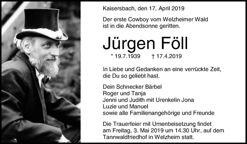  Traueranzeige für Jürgen Föll vom 29.04.2019 aus Waiblinger Kreiszeitung