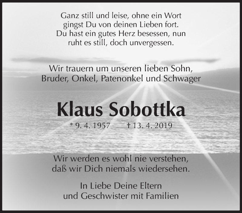  Traueranzeige für Klaus Sobottka vom 29.04.2019 aus Waiblinger Kreiszeitung