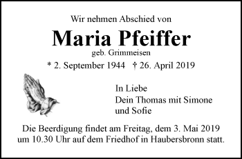 Traueranzeige von Maria Pfeiffer von Waiblinger Kreiszeitung