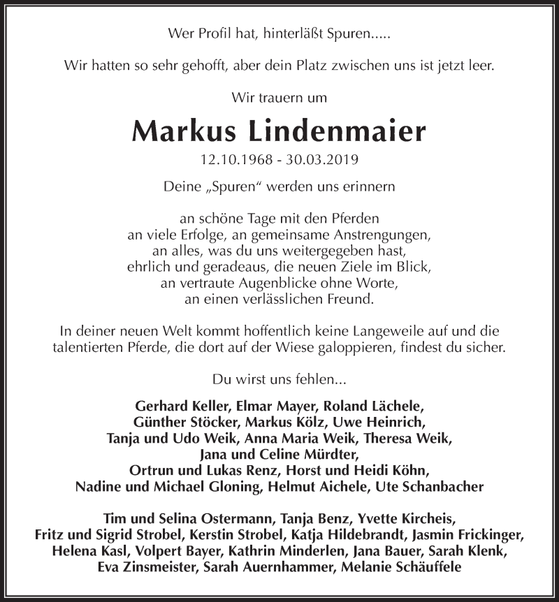  Traueranzeige für Markus Lindenmaier vom 06.04.2019 aus Waiblinger Kreiszeitung