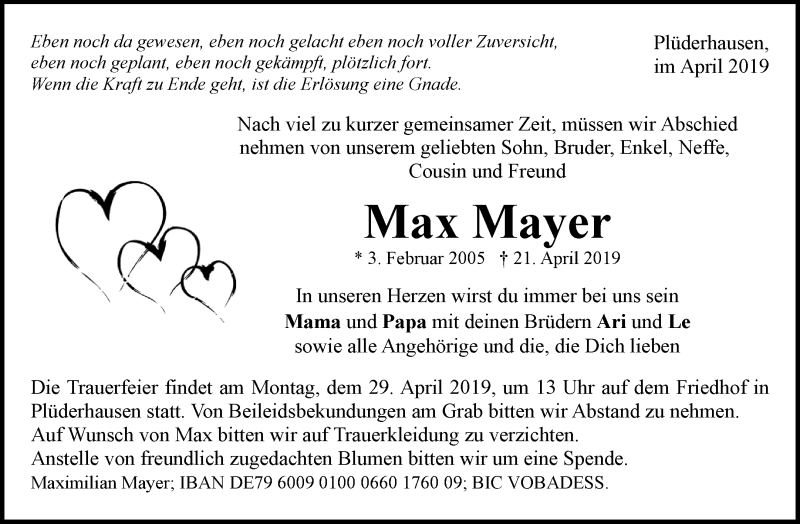 Traueranzeige für Max Mayer vom 25.04.2019 aus Waiblinger Kreiszeitung