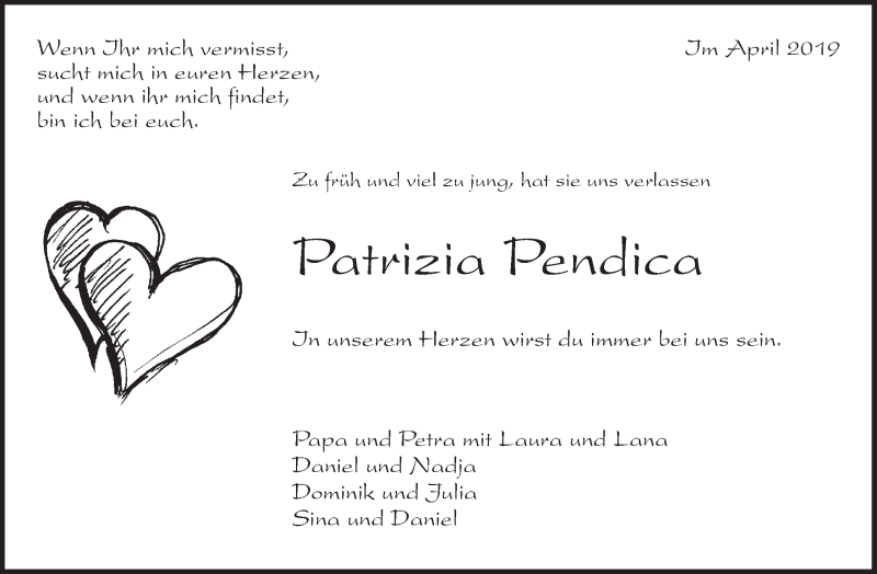  Traueranzeige für Patrizia Pendica vom 27.04.2019 aus Waiblinger Kreiszeitung