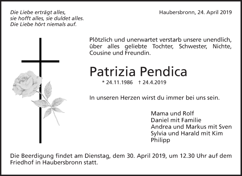  Traueranzeige für Patrizia Pendica vom 27.04.2019 aus Waiblinger Kreiszeitung