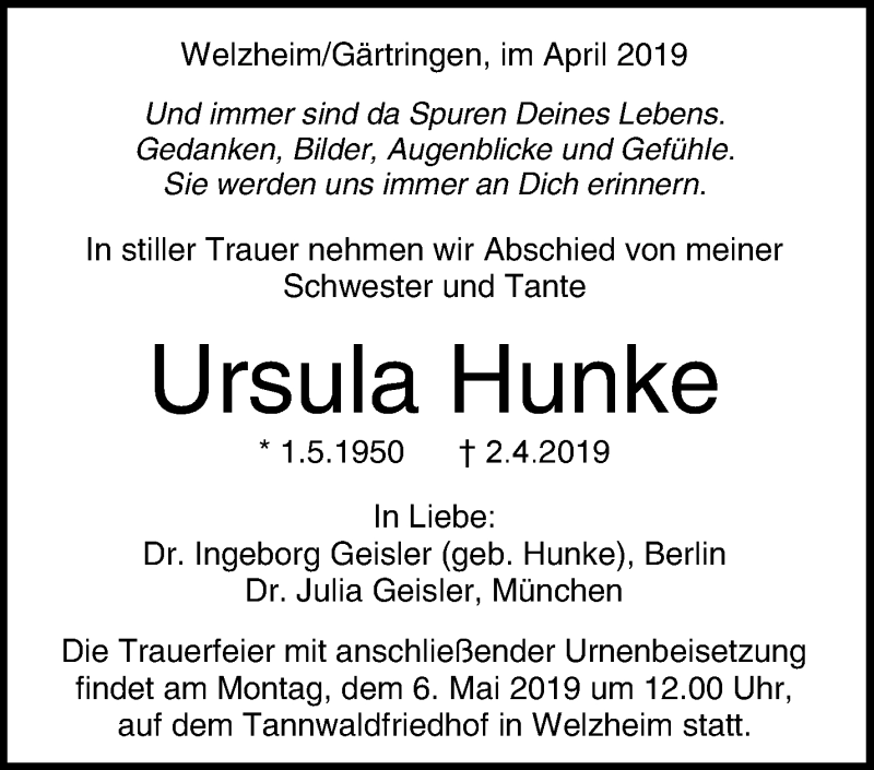  Traueranzeige für Ursula Hunke vom 30.04.2019 aus Waiblinger Kreiszeitung