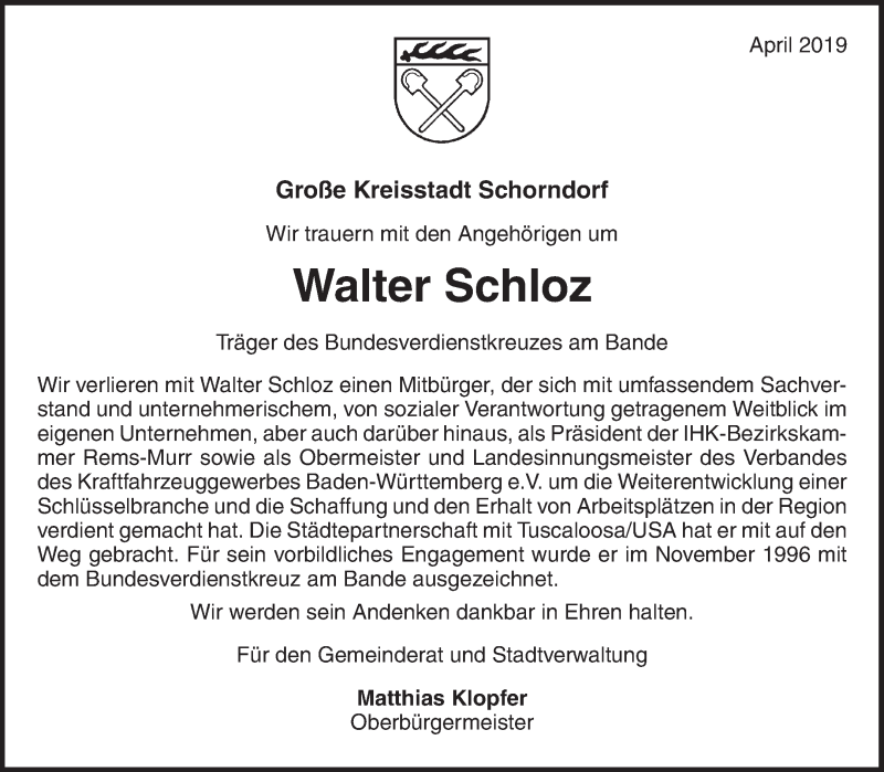  Traueranzeige für Walter Schloz vom 27.04.2019 aus Waiblinger Kreiszeitung