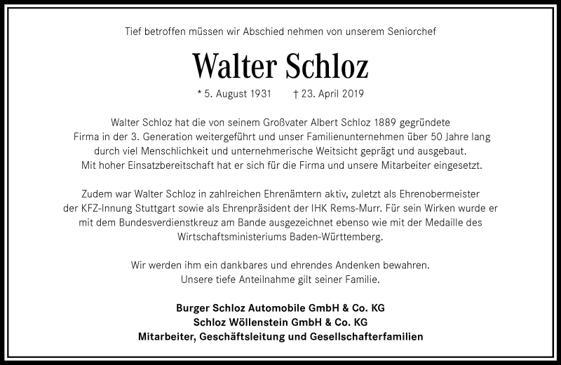  Traueranzeige für Walter Schloz vom 27.04.2019 aus Waiblinger Kreiszeitung