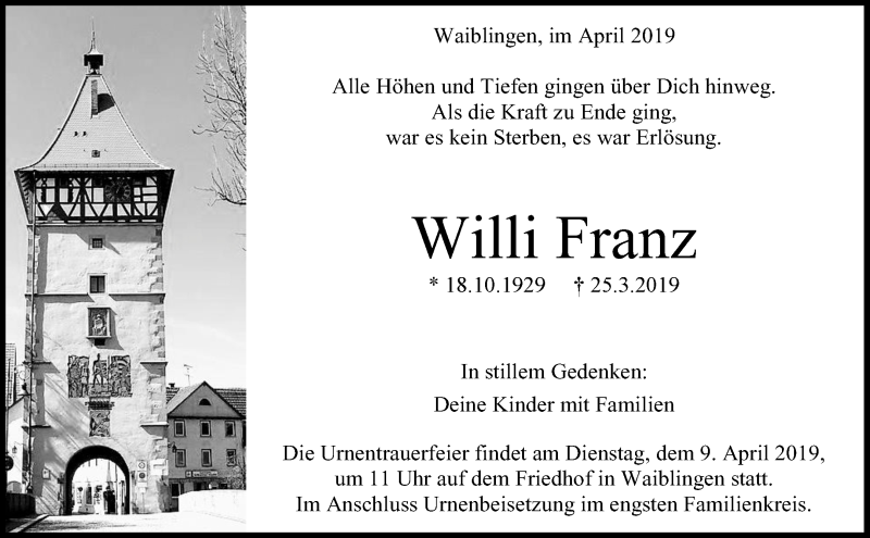  Traueranzeige für Willi Franz vom 03.04.2019 aus Waiblinger Kreiszeitung