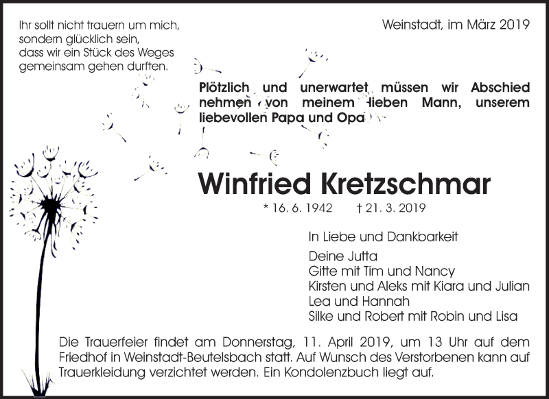  Traueranzeige für Winfried Kretzschmar vom 04.04.2019 aus Waiblinger Kreiszeitung
